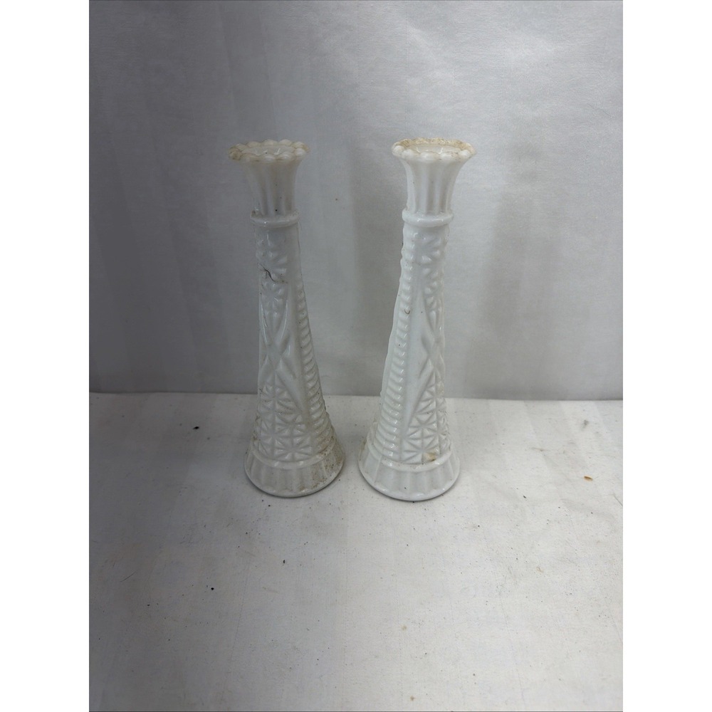 Vintage White Milk Glass Ornate Scalloped Rim Bud Vase Set of 2